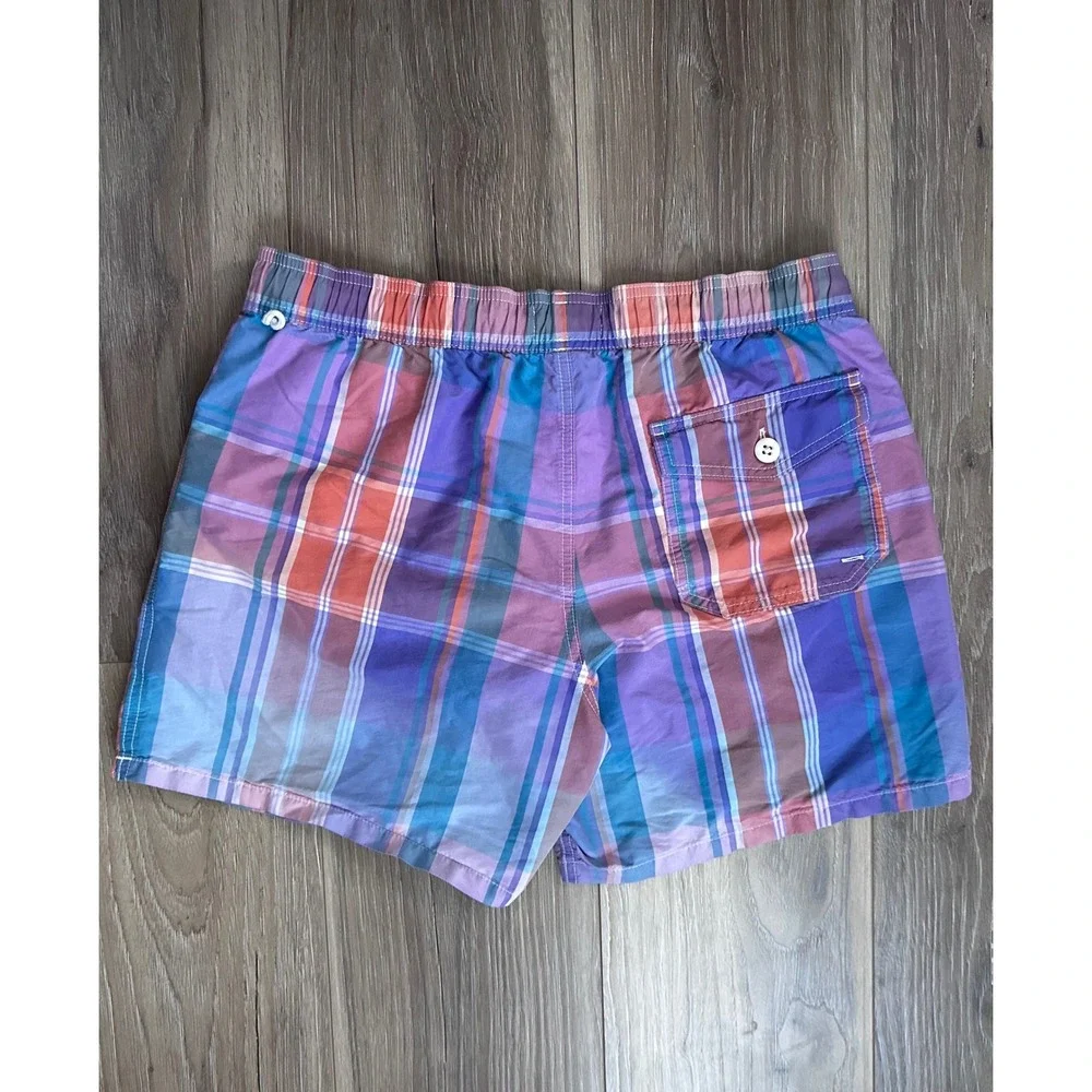 J.Crew Preppy Plaid Purple Orange Blue Board Shorts Medium Coastal Sunset Beachy